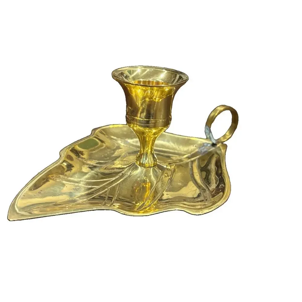 Vintage Solid Brass Chamber Candlestick Holder Finger Loop Leaf Base